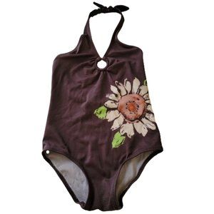 Baby Gap One Piece Halter Top Swimwear Floral Keyhole Brown 18 24 Months